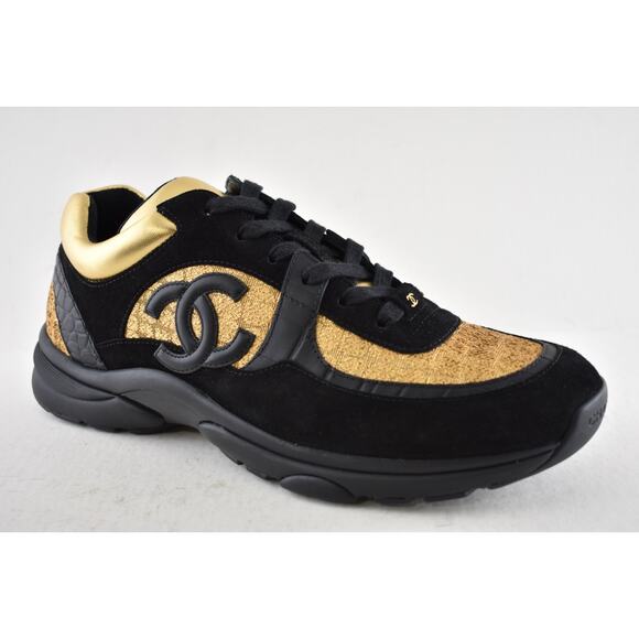 Chanel 19A Mens Black Gold Croc Suede CC Logo Low Top Trainer Sneaker 44 11 - Picture 6 of 14